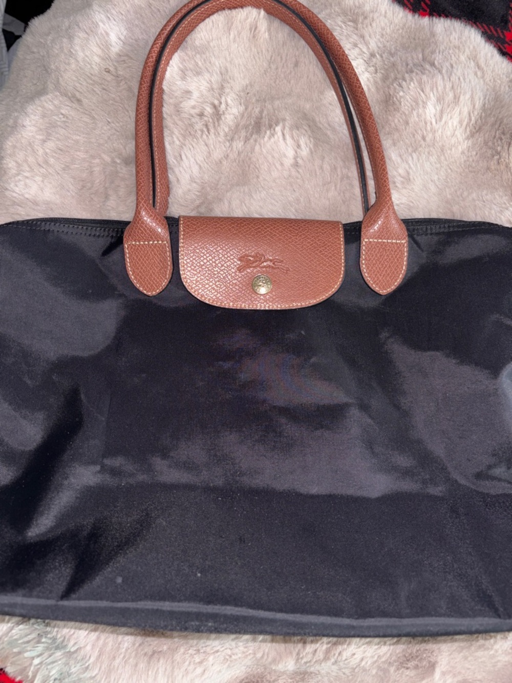 Longchamp Black Nylon Tote with Brown Leather Trim